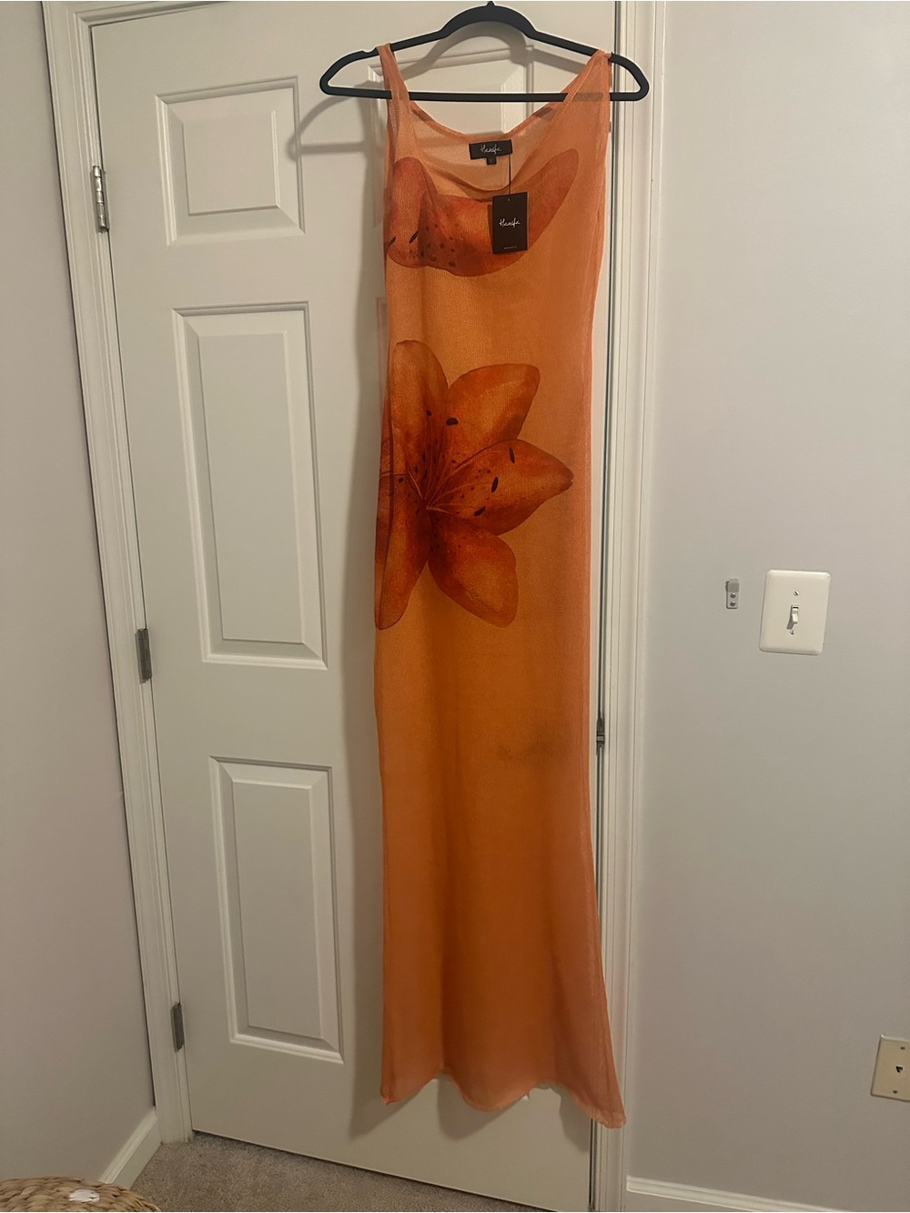 NWT Hanifa Floral Mesh Maxi Dress Size Small | Sheer Orange Lily Print